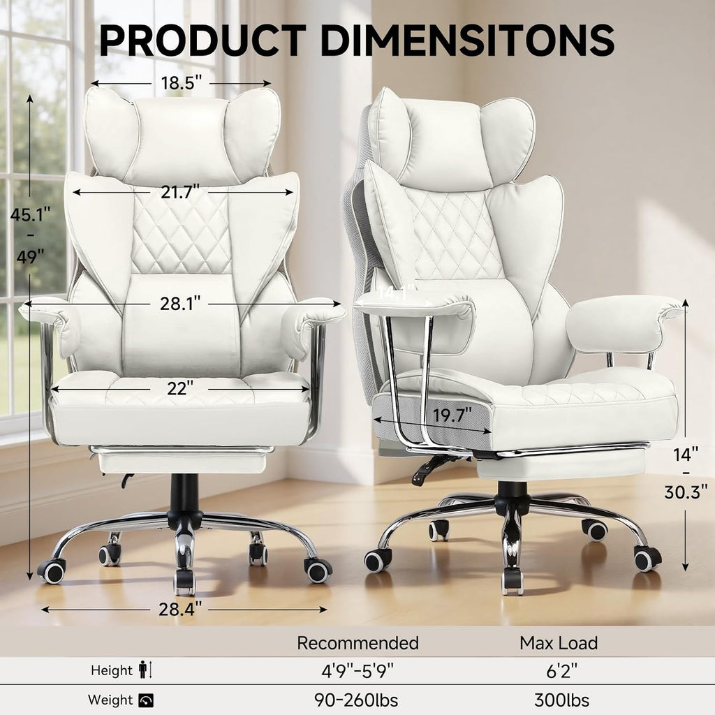 COMHOMA Big and Tall Office Chair, High Back Leather Gaming Chair with Footrest, Executive Ergonomic Office Chairs with Pocket Spring Lumbar Support and with Outward Fixed Soft Armrests