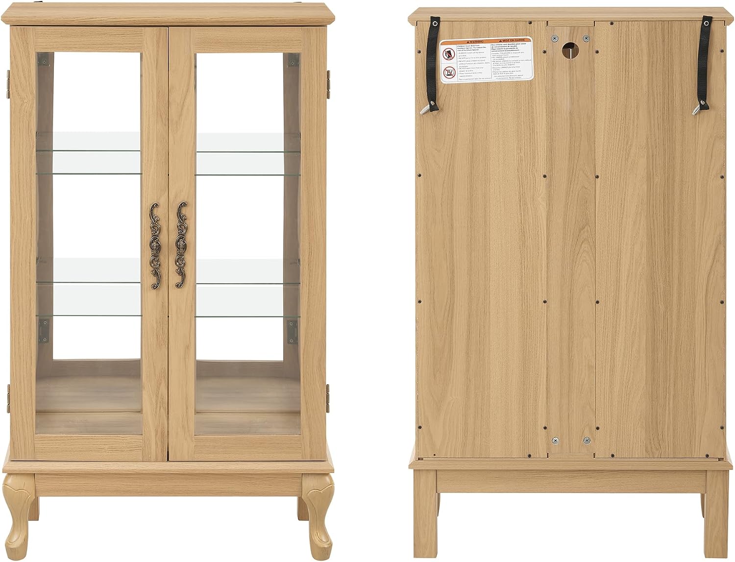 43'H Lighted Display Curio Cabinet, 3-Tier Glass Accent Storage Cabinet Curio Showcase w/ 2 Doors & Adjustable Shelves, Wine Artwork Storage Rack w/ Mirrored Back Panel for Living Room (Light Oak)