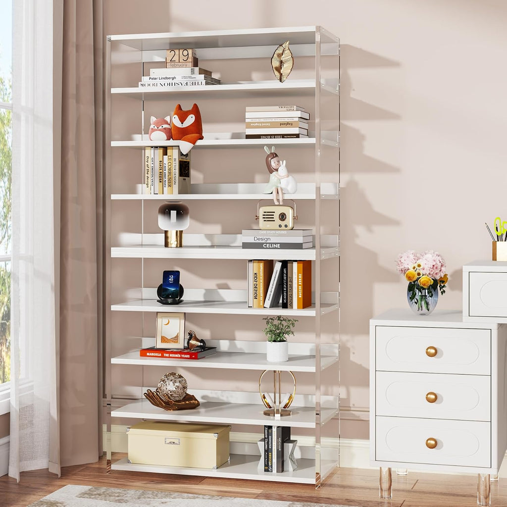Tribesigns 8-Tier Acrylic Bookshelf, Modern Bookcase with Wood Shelves, 63' Display Storage Rack for Living Room, Bedroom, Home Office, White & Transparent (Without LED)