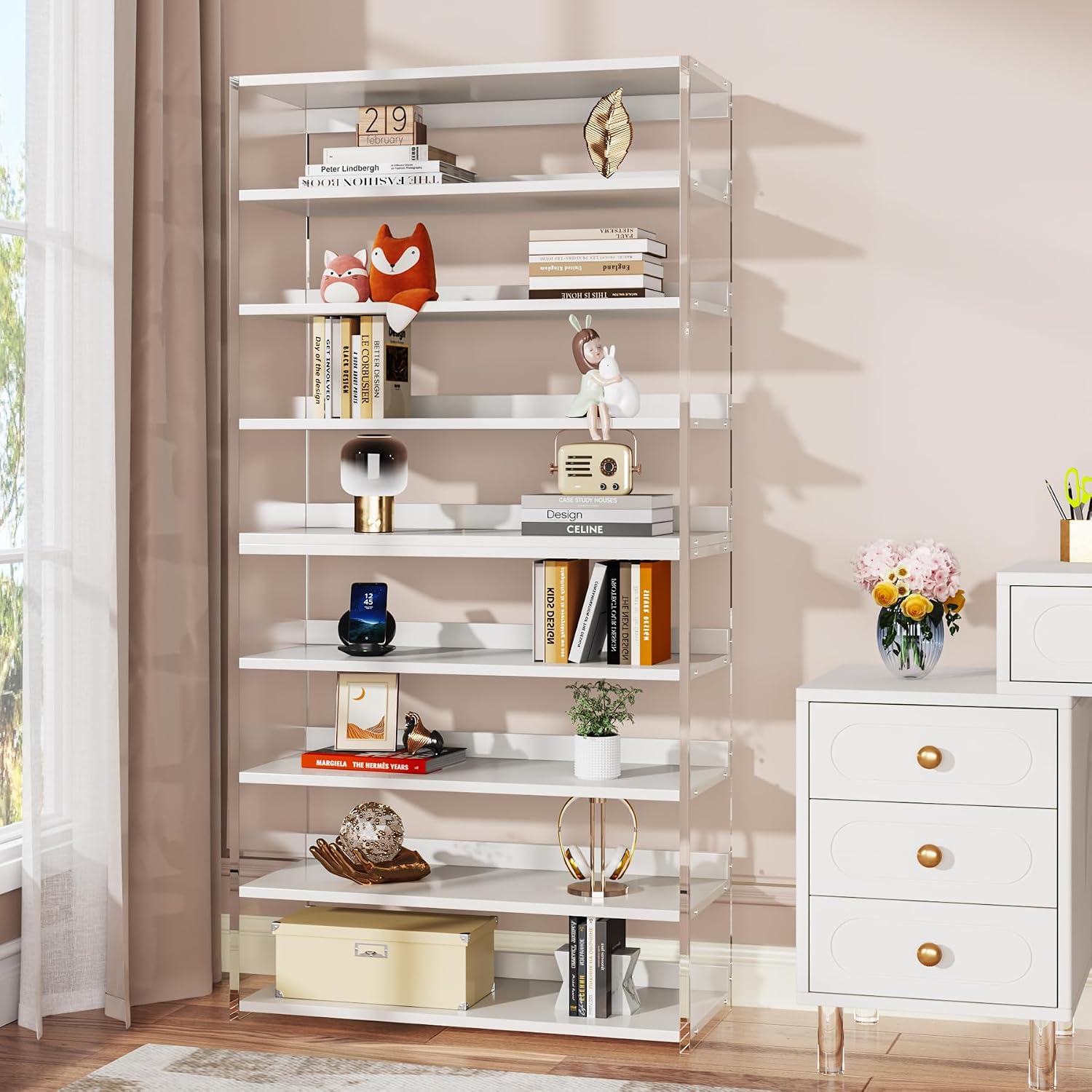 Tribesigns 8-Tier Acrylic Bookshelf, Modern Bookcase with Wood Shelves, 63' Display Storage Rack for Living Room, Bedroom, Home Office, White & Transparent (Without LED)