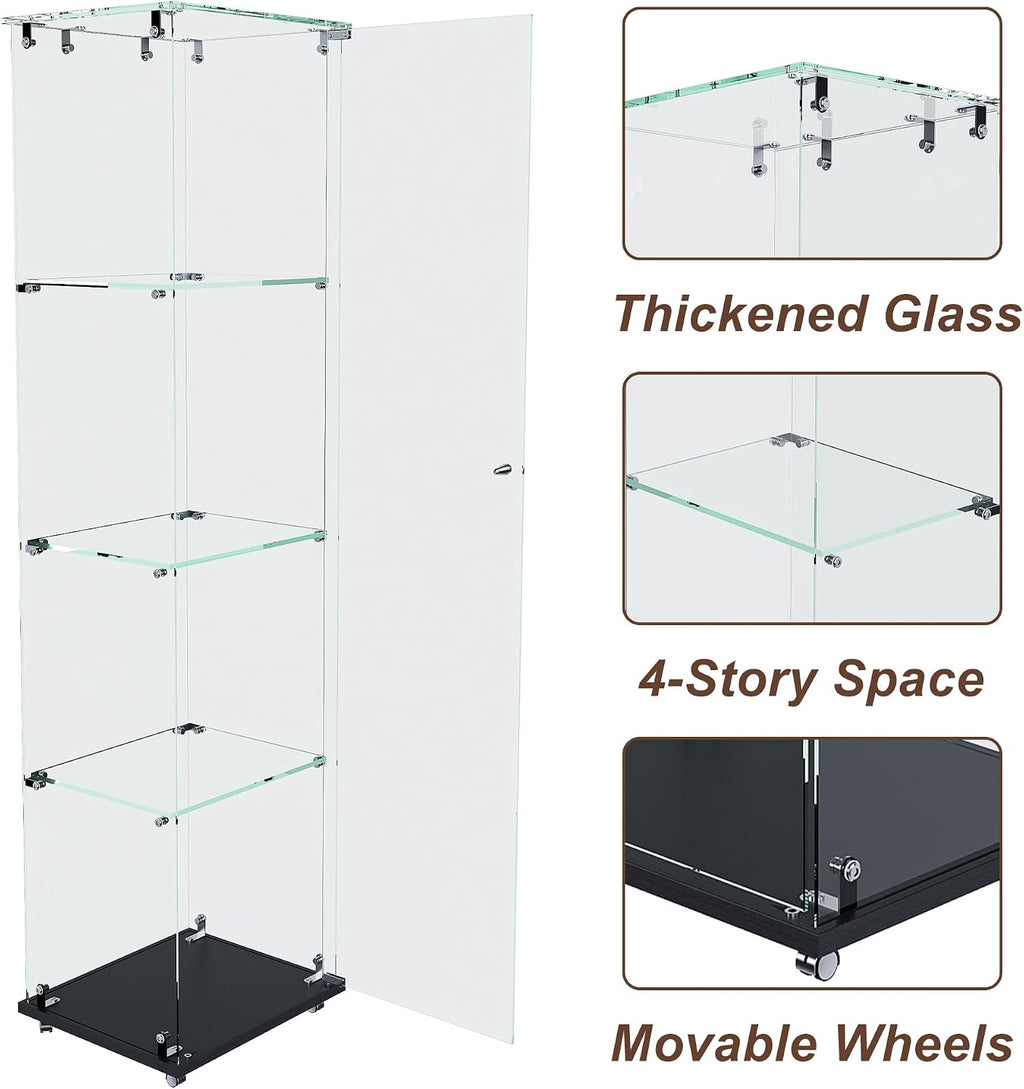 Runboll Glass Display Cabinet 4 Tiers with LED Light, Curio Cabinet with Wheels, Floor Standing Tempered Glass Showcase Display Shelf for Collectibles, Legos, Figures, Plants