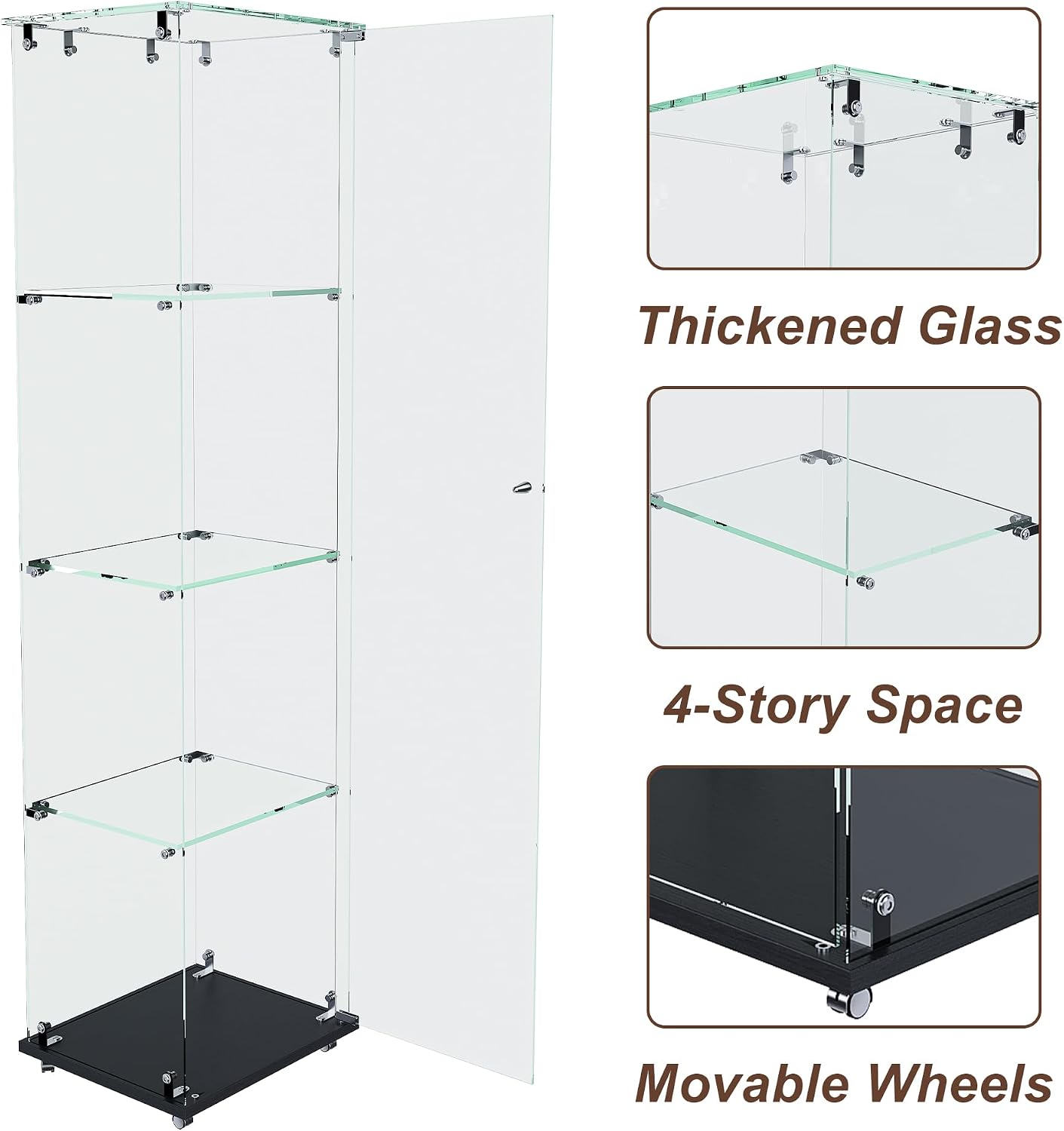 Runboll Glass Display Cabinet 4 Tiers with LED Light, Curio Cabinet with Wheels, Floor Standing Tempered Glass Showcase Display Shelf for Collectibles, Legos, Figures, Plants
