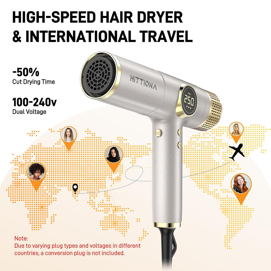 HITTIONA Dual Voltage Travel Hair Dryer with Magnetic Diffuser - 2000W High-Speed Ionic Hair Dryers Gift for Women, Fast Drying, Low Noise, Lightweight, No Heat Damage, European Travel 110V-240V, Gold