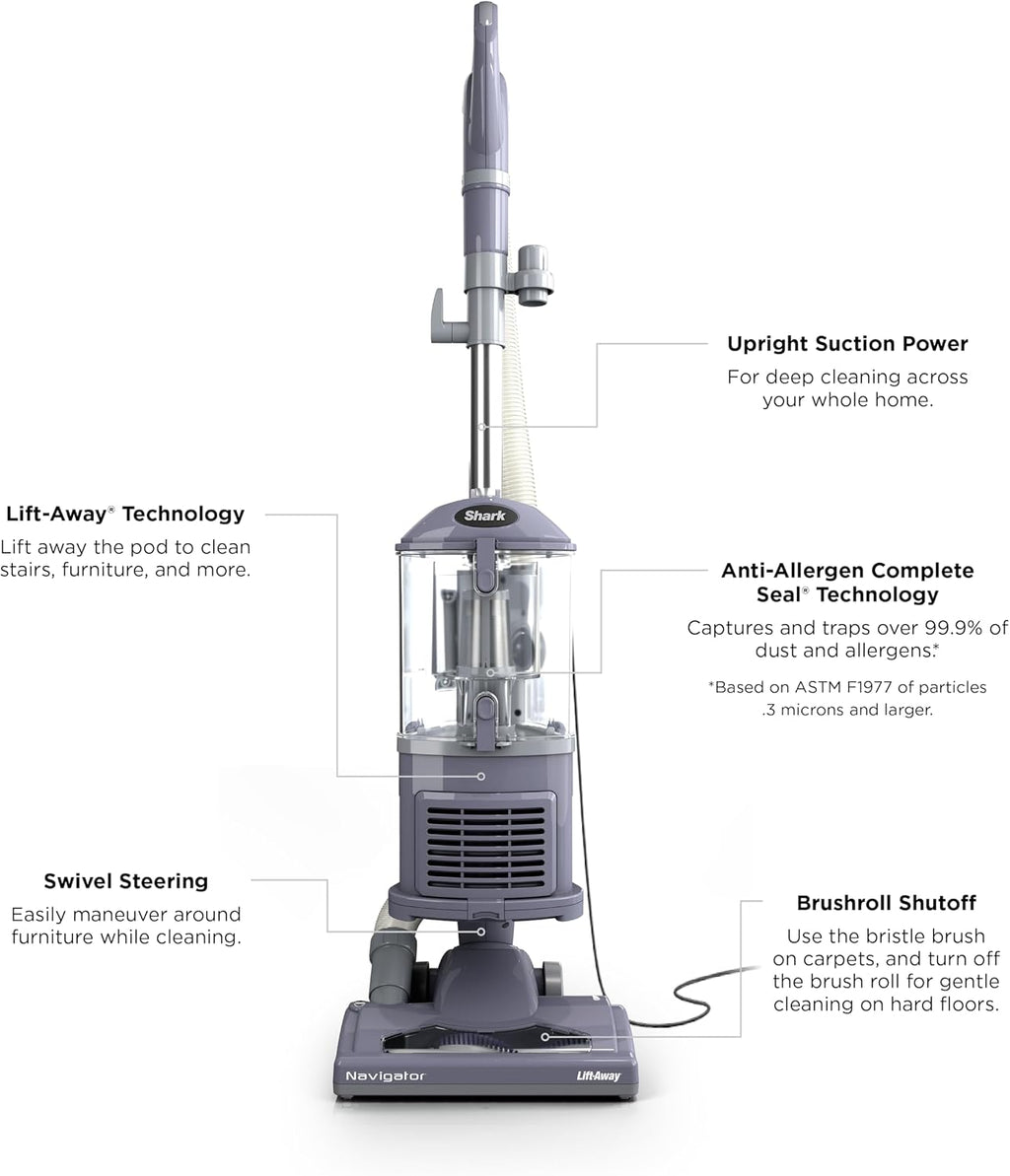 Shark NV352 Navigator Lift Away Upright Vacuum, Hepa Filter, Anti-Allergen Technology, Swivel Steering, Ideal for Carpet, Stairs, & Bare Floors, with Wide Upholstery & Crevice Tools, Lavender