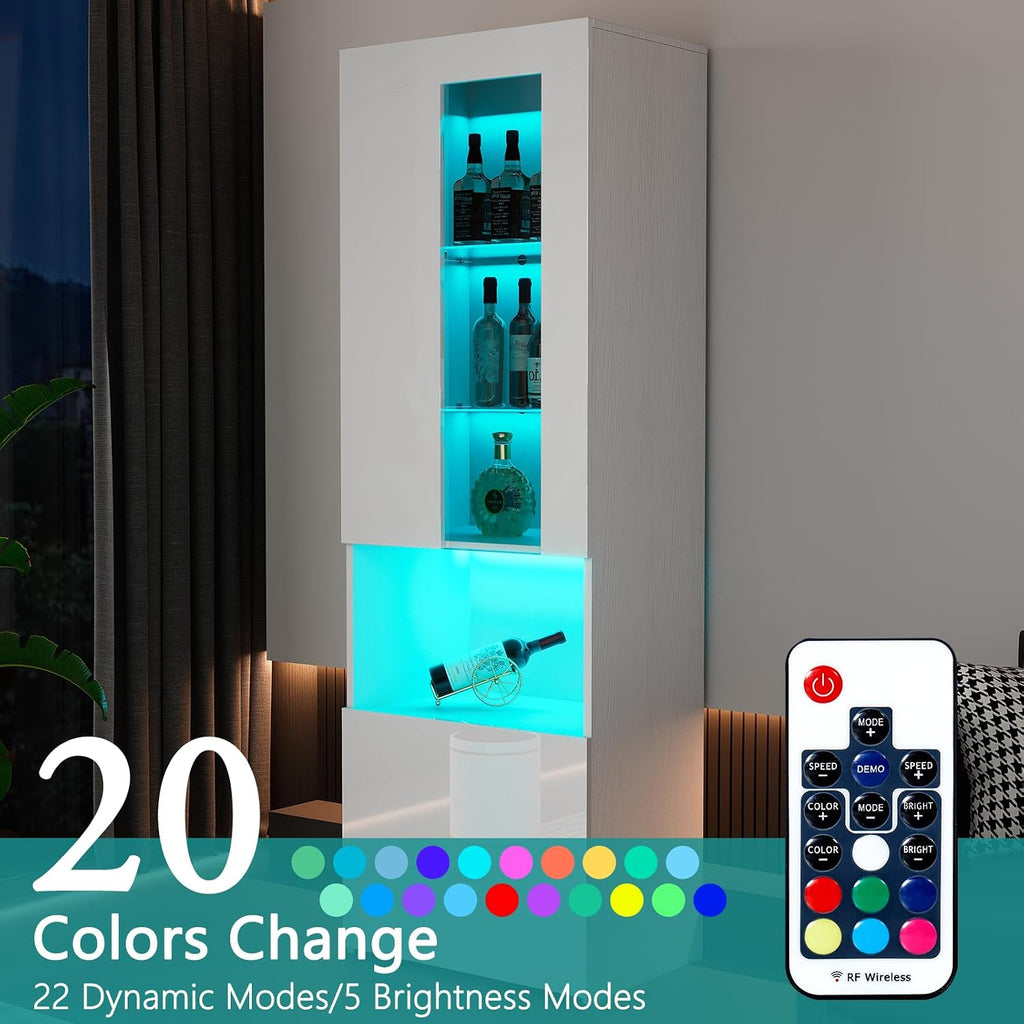 AMERLIFE 2 Piece 71in Tall Bookcase Storage Cabinet with Glass Doors, Modern High Gloss LED Bookshelf Display with 5 Tiers for Storage & Adjustable Glass Shelves for Living Room, Office, White