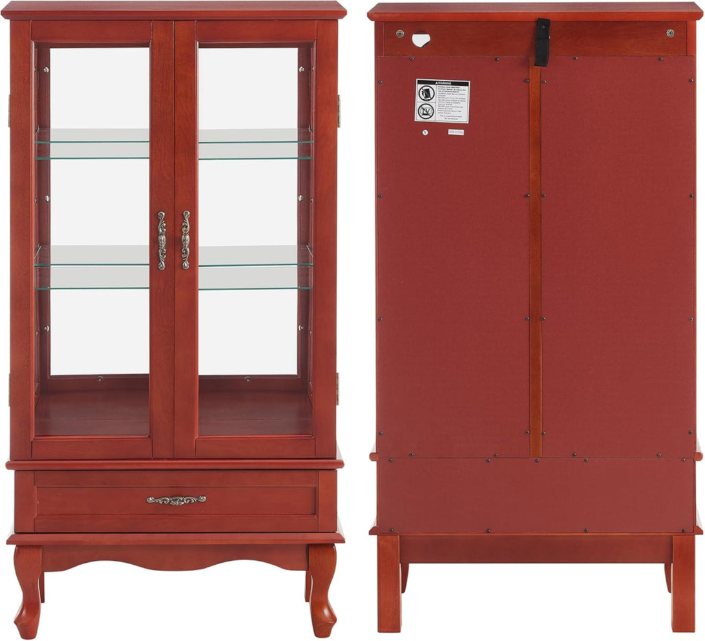 49' H Lighted Curio Cabinet Display Case, Glass Curio Cabinet with Adjustable Shelves,Tempered Glass Door and Drawer, Wooden Cabinets w/Mirrored Back Pane for Living Room (Cherry)
