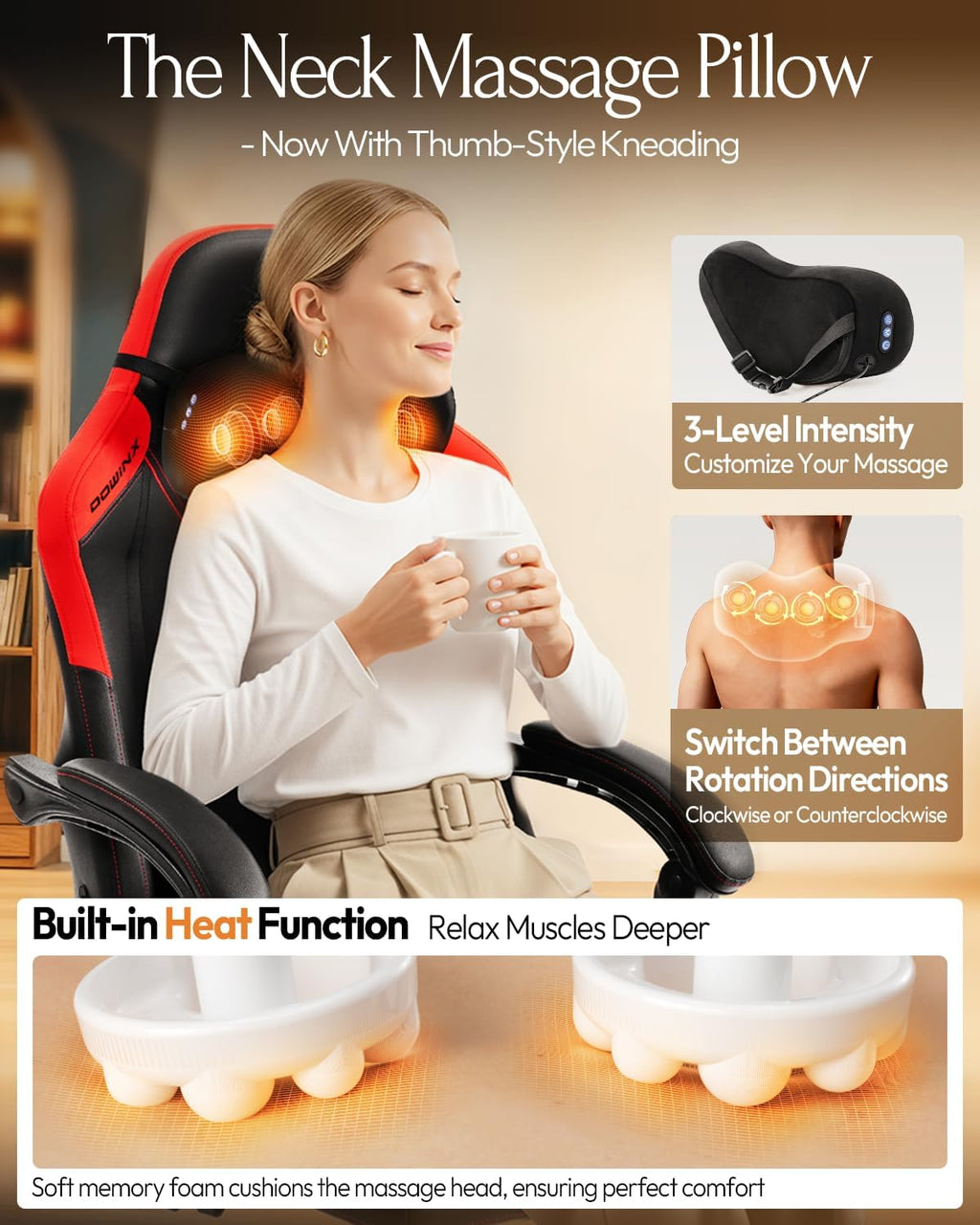 Dowinx Gaming Video Gaming Chair with Shiatsu Neck Massage and Lumbar Support for Home Office High Back Recliner Height Adjustable Ergonomic Comfy Leather Computer Desk Chair (Red)