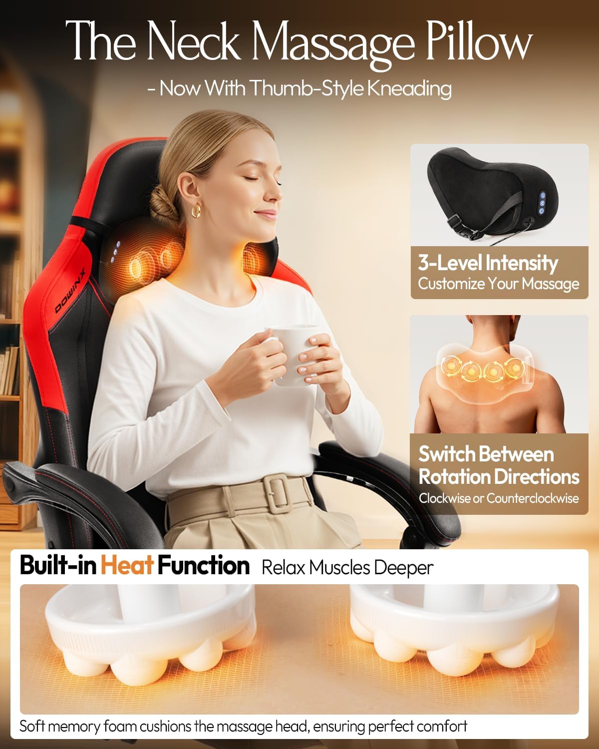 Dowinx Gaming Video Gaming Chair with Shiatsu Neck Massage and Lumbar Support for Home Office High Back Recliner Height Adjustable Ergonomic Comfy Leather Computer Desk Chair (Red)