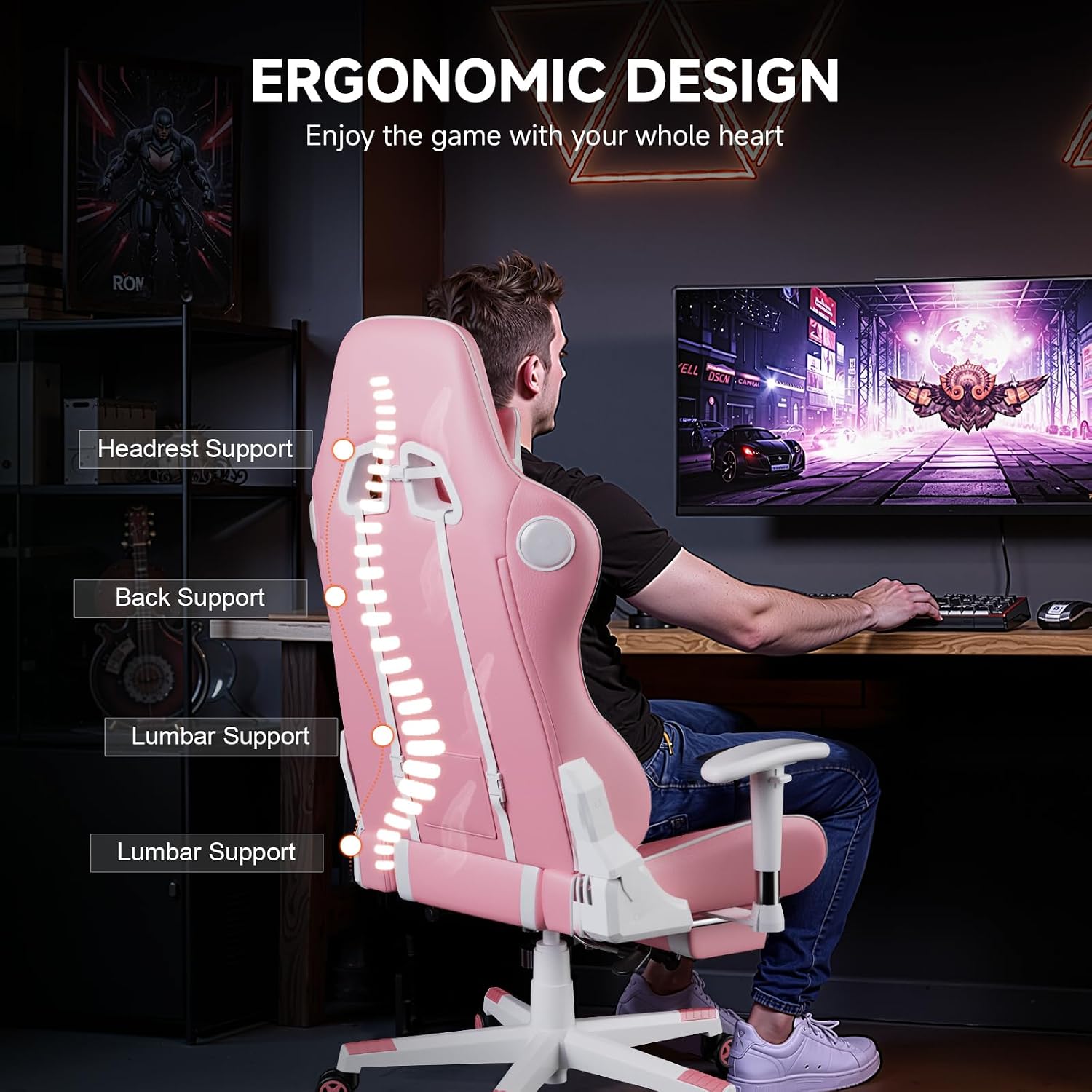 GTPLAYER Gaming Chair,Gamer Chair with Bluetooth and Adjustable Backrest,Seat Height Adjustable Computer Chairs with 3D Armrests,Video Game Chair with Footrest Speakers (Pink)