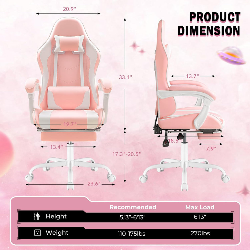 Homall Gaming Chair, Video Game Chair with Footrest and Massage Lumbar Support, Ergonomic Computer Chair Height Adjustable with Swivel Seat and Headrest (Pink)