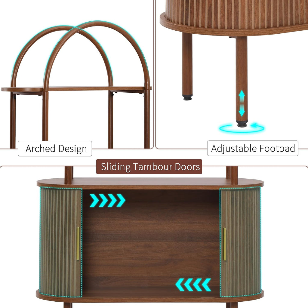 71' Tall Arched Bookshelf with Storage Cabinet, Mid Century Modern Bookcase Cabinet, Curved Frame Bookcase, Industrial Storage Display Shelving for Living Room, Bedroom, Home Office (Walnut Brown)