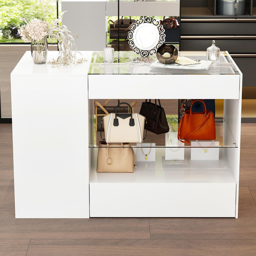 Glass Display Cabinet Closet Island, Glass Top Storage Cabinet for Retail, Collectibles Showcase with 8 Drawers, Walk in Display Island for Retail Shop, Cloakroom, White