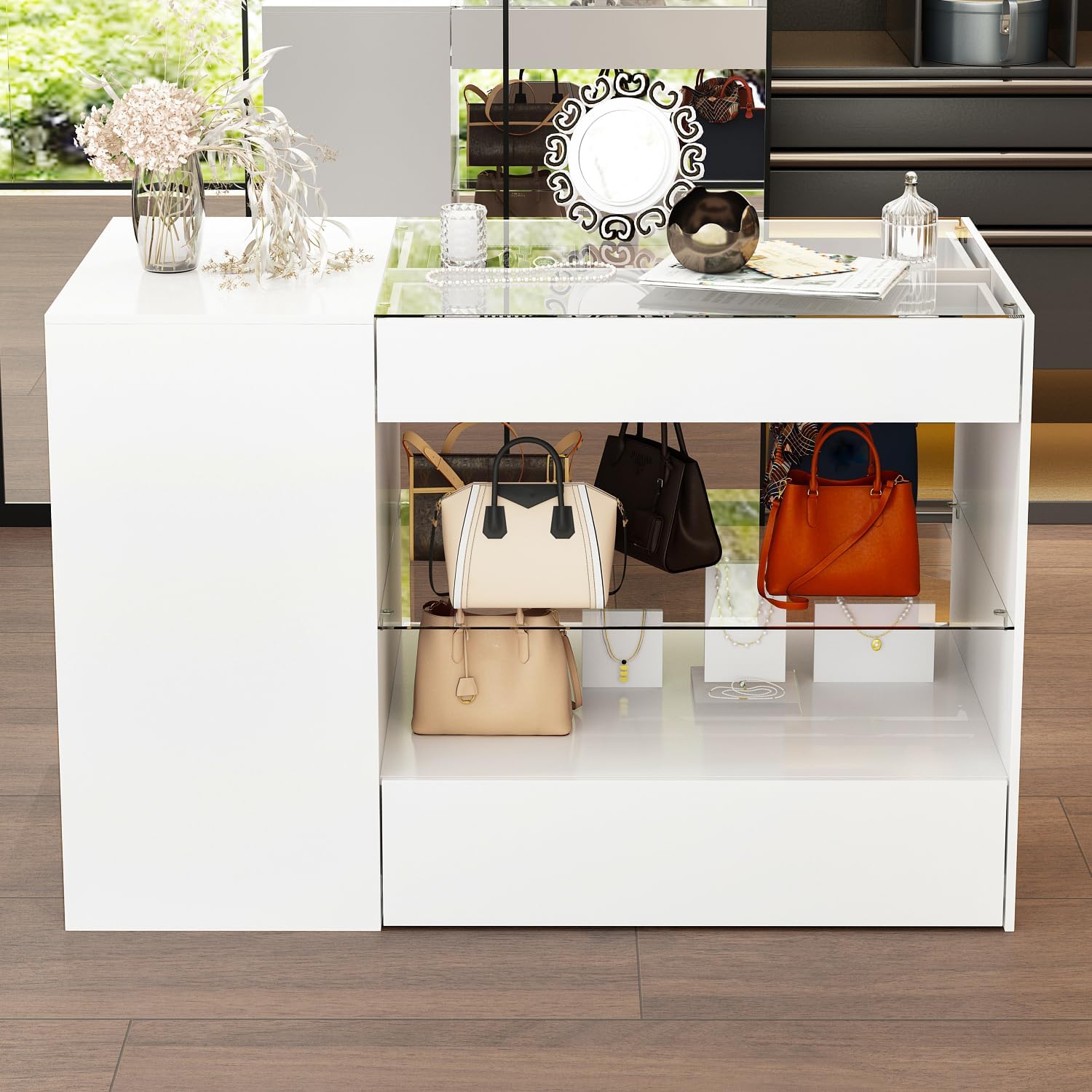 Glass Display Cabinet Closet Island, Glass Top Storage Cabinet for Retail, Collectibles Showcase with 8 Drawers, Walk in Display Island for Retail Shop, Cloakroom, White