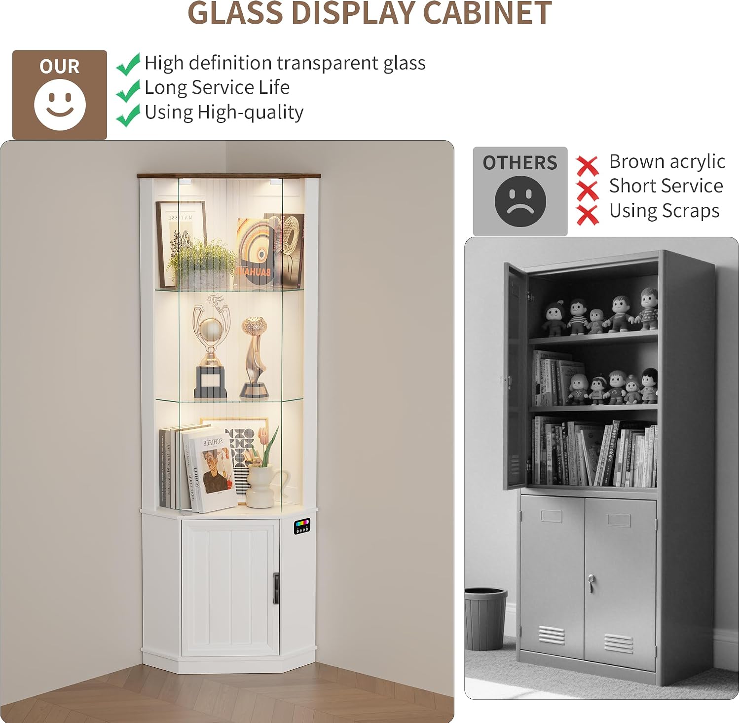 Lvifur 69' Corner Glass Display Cabinet with RGB Lights,3-Tier Movable Glass Shelves,Curio Display with Human Body Sensor,Bookcase with Storage Cabinet for Toys,Books,Collectibles,Liquor,White