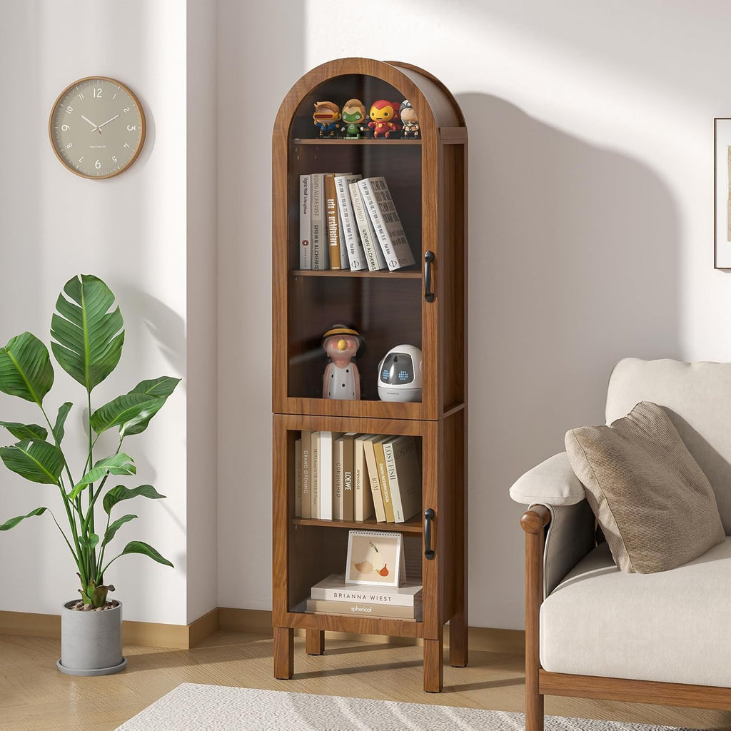 Lxsxlome 64.17 in Tall Arched Display Cabinet with Acrylic Glass Doors 5-Tier Kitchen Pantry Storage Cabinets Modern Wood Curio Cabinet Bookcase for Living Dining Room (Walnut, 16.92''W)