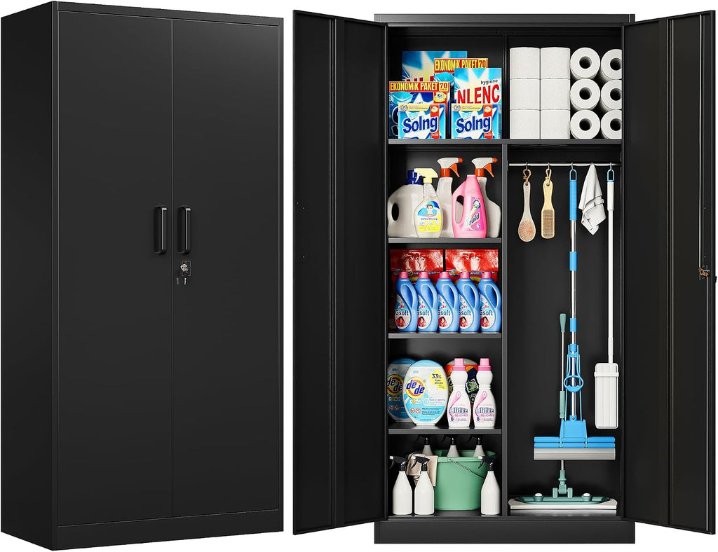 Wide & Deep Metal Storage Cabinet with Hanging Rod,Black Broom Closet Storage Cabinet with Lock,72' Tall Wardrobe Cabinets with Doors and Shelves,Locking Steel Tool Cabinets for Home,Office,Garage