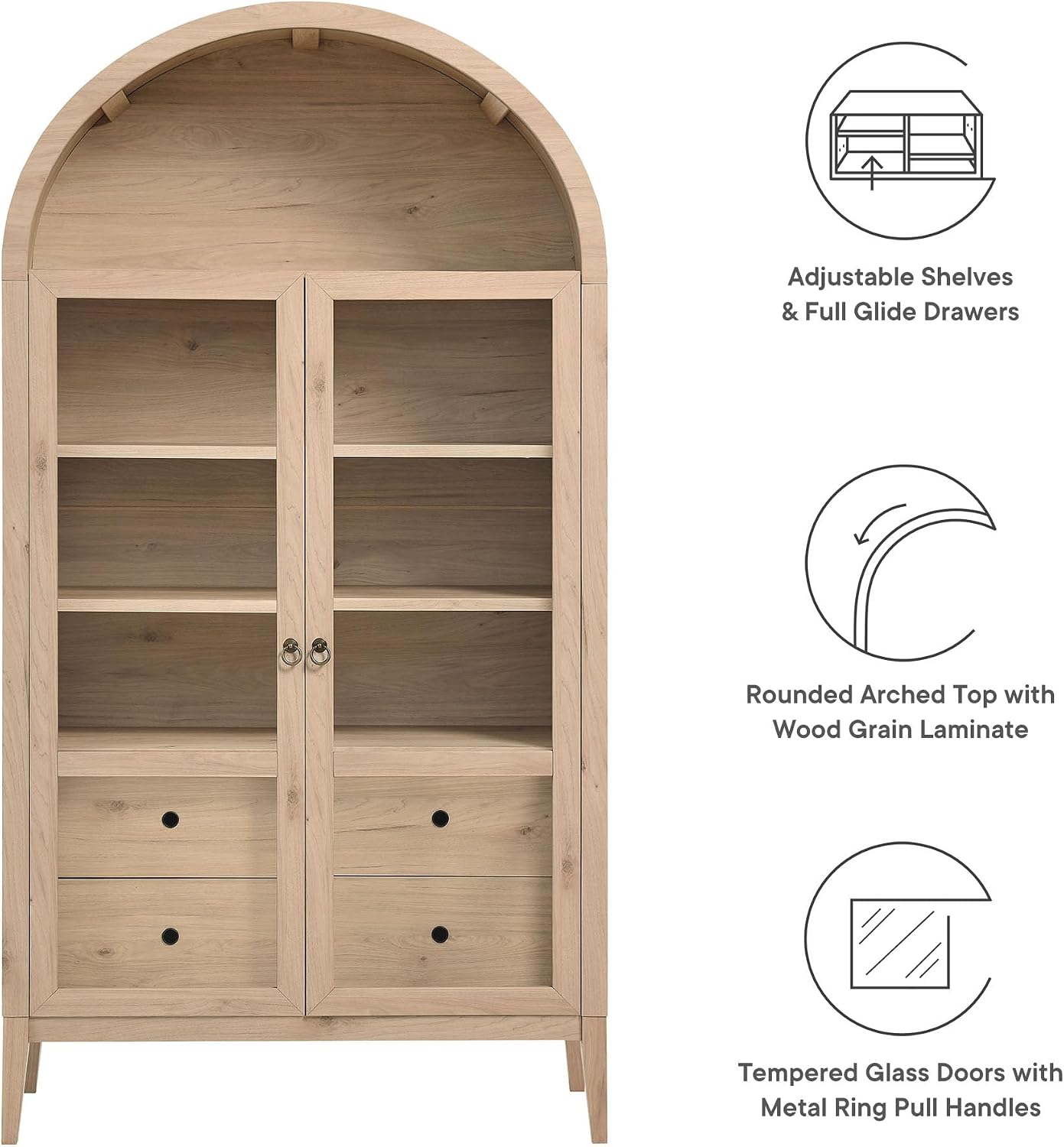 Modway Nolan Tall Arched Storage Display Cabinet in Light Oak - 74 Inch Arch Bookshelf with Glass Doors, Shelves and Drawers - Modern Accent Cabinet for Living Room, Dining Room