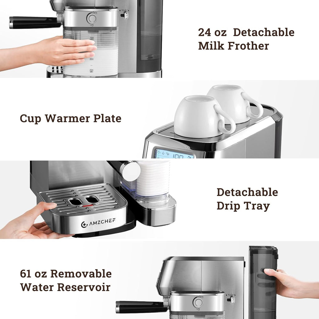 AMZCHEF Espresso Machine with Upgraded Automatic Milk Frother, 20 Bar Cappuccino Machines with LCD Display for Home Gifts, Latte Coffee Maker with Dual Wall & Filters, Sliver