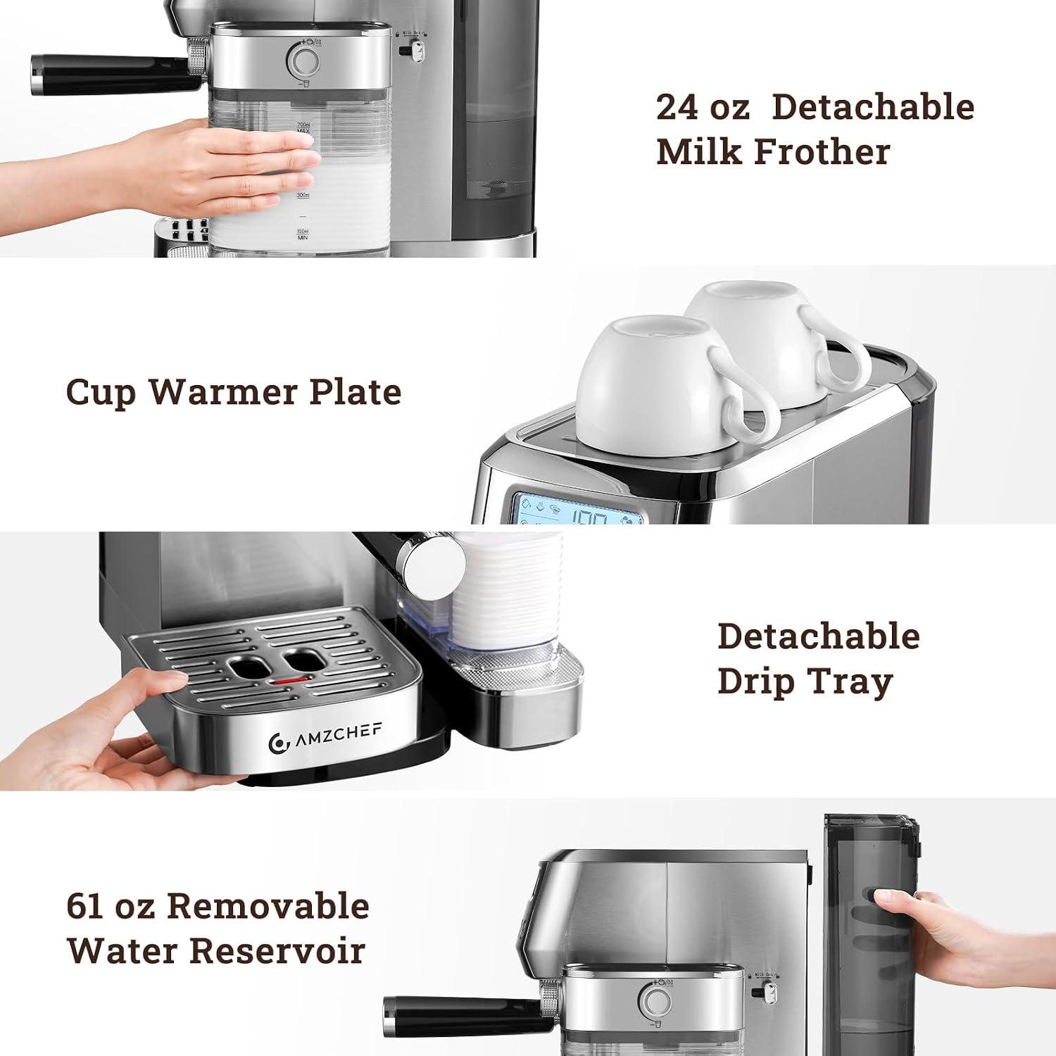 AMZCHEF Espresso Machine with Upgraded Automatic Milk Frother, 20 Bar Cappuccino Machines with LCD Display for Home Gifts, Latte Coffee Maker with Dual Wall & Filters, Sliver