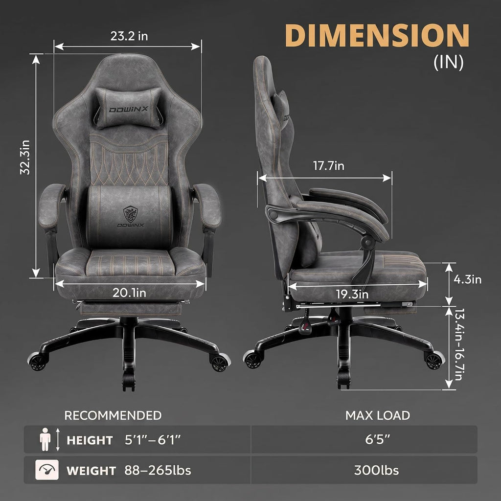 Dowinx Gaming Chair Breathable PU Leather Gamer Chair with Footrest Massage Lumbar Support, Big and Tall Ergonomic Reclining Computer Chair with Pocket Spring Cushion for Adults Teens (Grey)