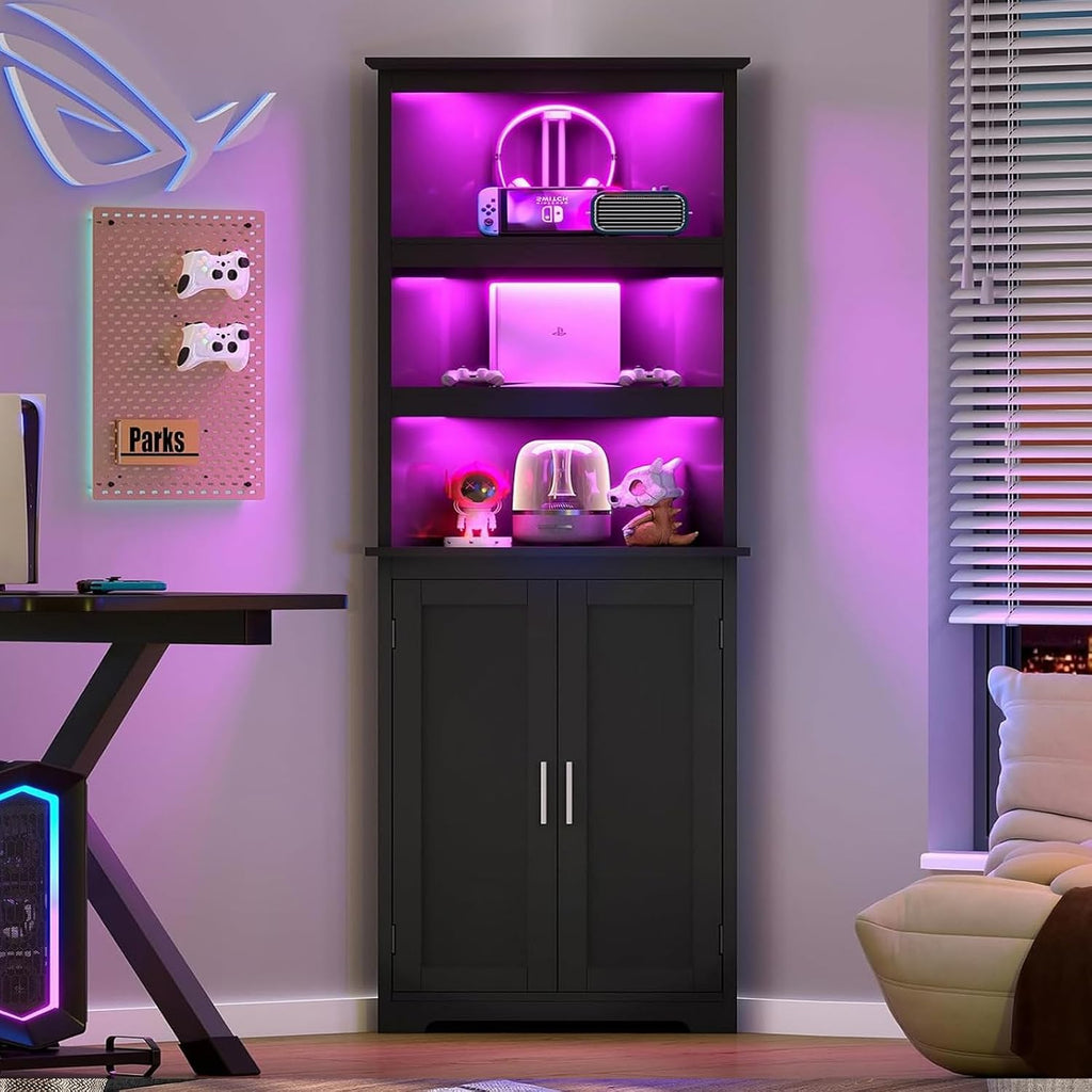 TEENFON Corner Cabinet, Tall Corner Hutch with 5 Shelves & 2 Doors, Bathroom Cabinet with Adjustable Shelf, for Living Room, Kitchen, Bathroom, Black