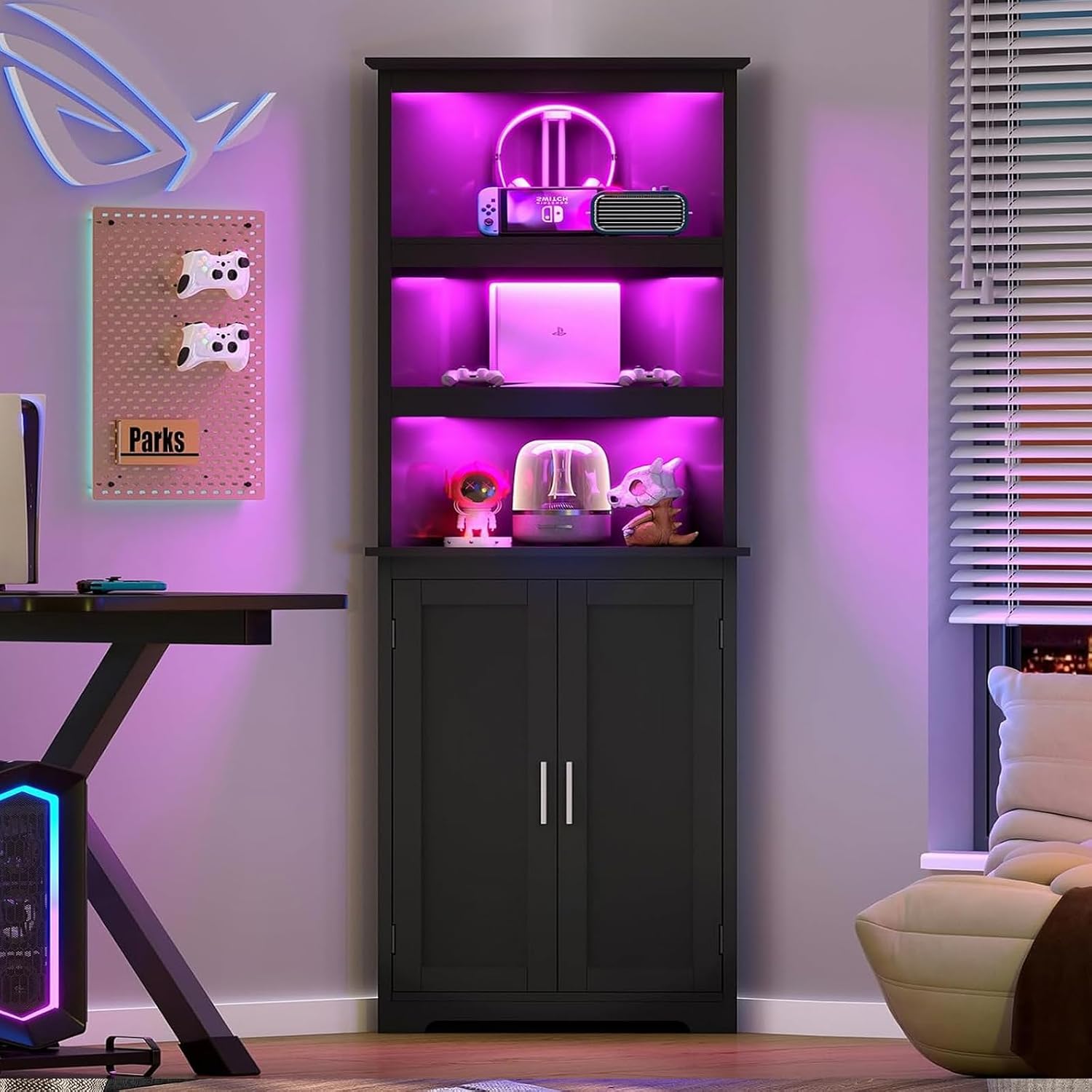 TEENFON Corner Cabinet, Tall Corner Hutch with 5 Shelves & 2 Doors, Bathroom Cabinet with Adjustable Shelf, for Living Room, Kitchen, Bathroom, Black