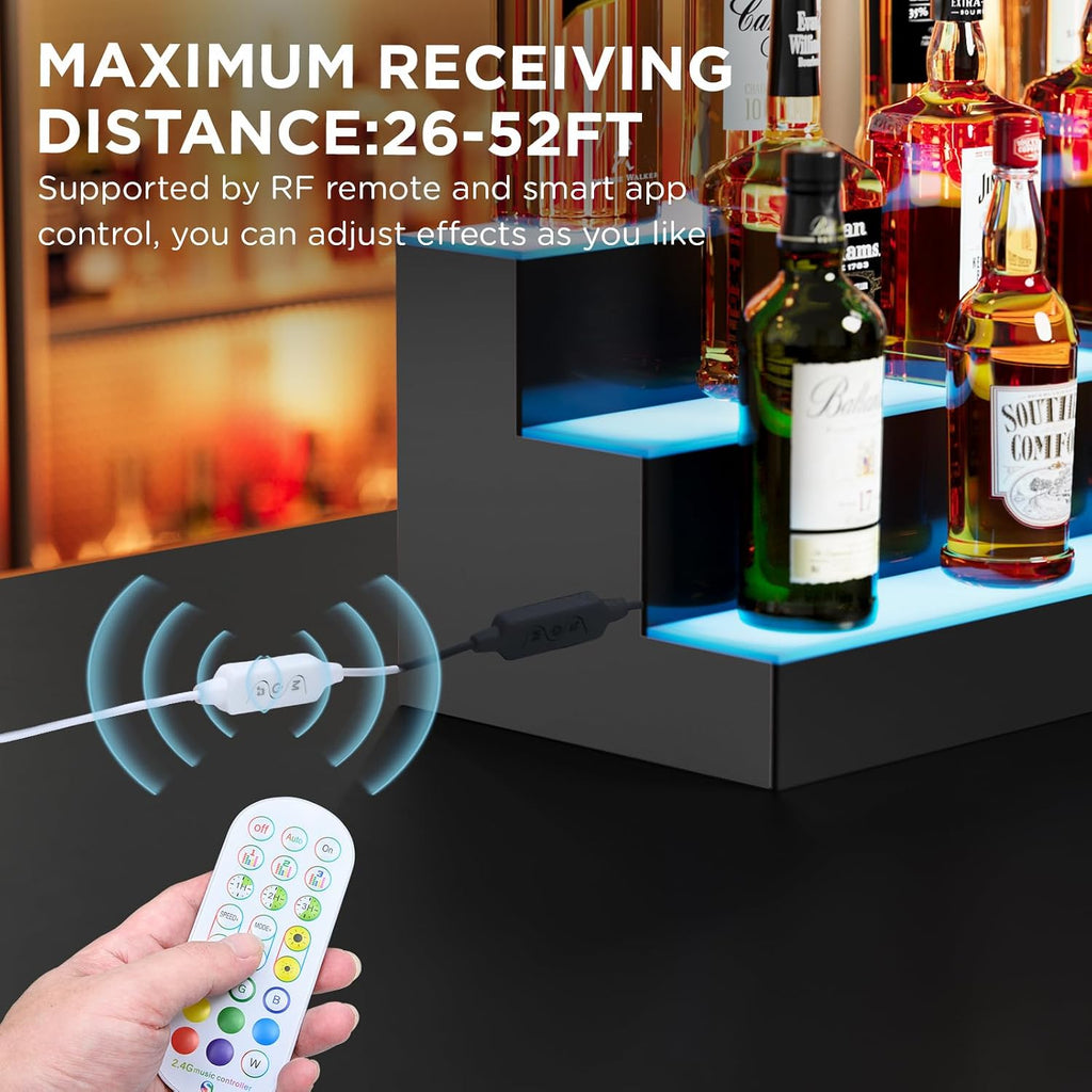 Dethan 3 Tier 20 Inch LED Lighted Liquor Bottle Display Shelf - Corner Wine Racks with Multi-Color App & Remote Control, Adjustable Brightness & Sound Modes, Acrylic Bar Shelves for Commercial Clubs