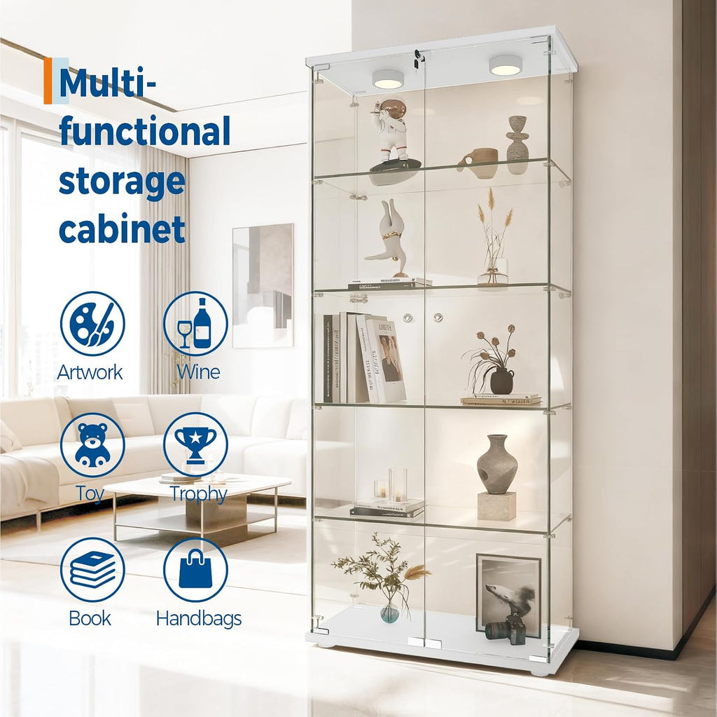 GarveeHome 5 Shelves Display Cabinet, Tempered Glass Curio Showcase with LED Light & Lock, Double Doors Storage Cabinet for Living Room Bedroom Office, White
