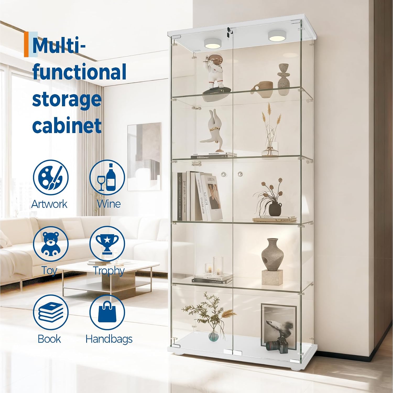 GarveeHome 5 Shelves Display Cabinet, Tempered Glass Curio Showcase with LED Light & Lock, Double Doors Storage Cabinet for Living Room Bedroom Office, White