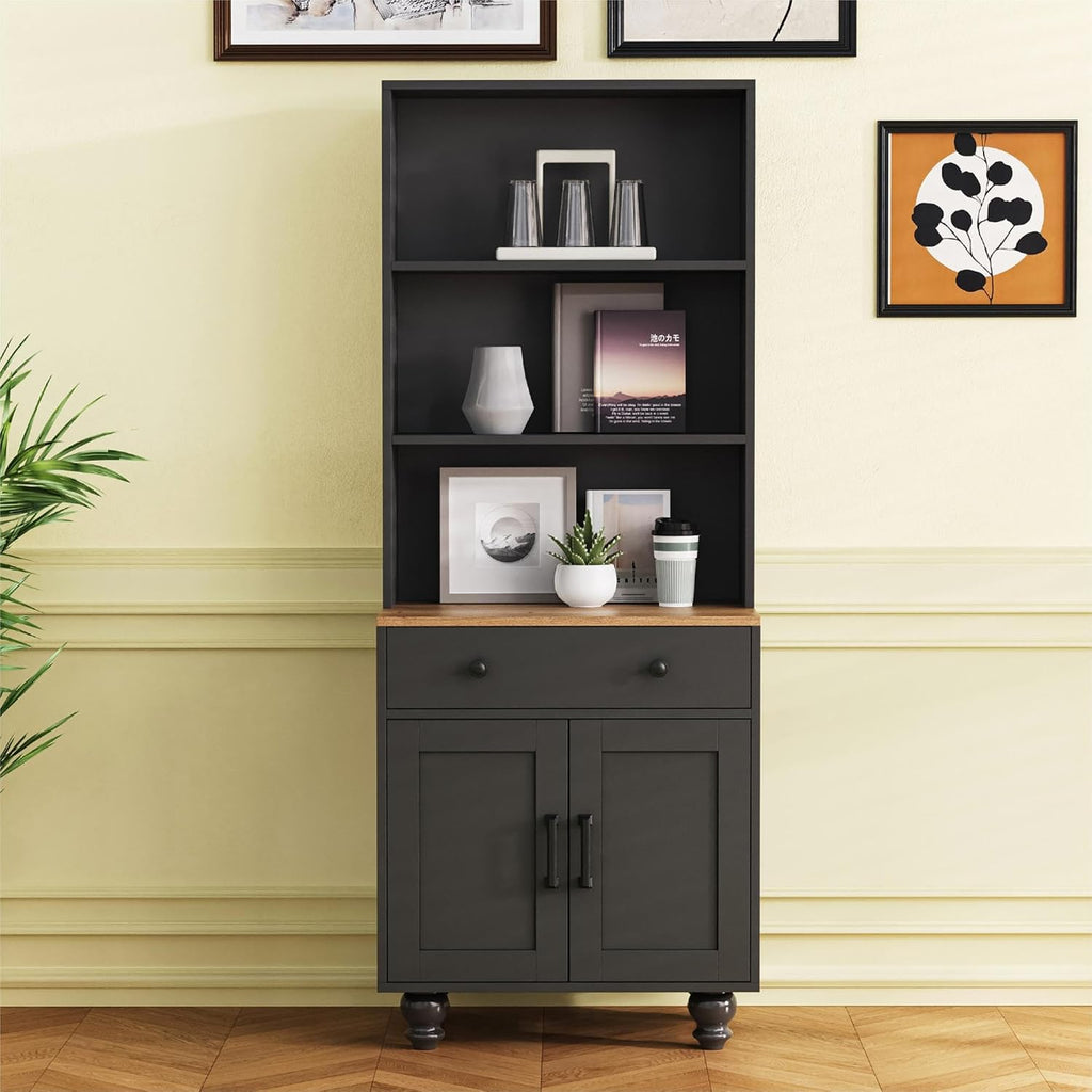 JOSHEN 63' Farmhouse Wood Grain & Solid Gourd Legs Showcase Cabinet, Display Case with Adjustable Shelves, Lego Display Shelves with Anti-Tip Kit & Drawer for Living Room, Kitchen, Black+Natural