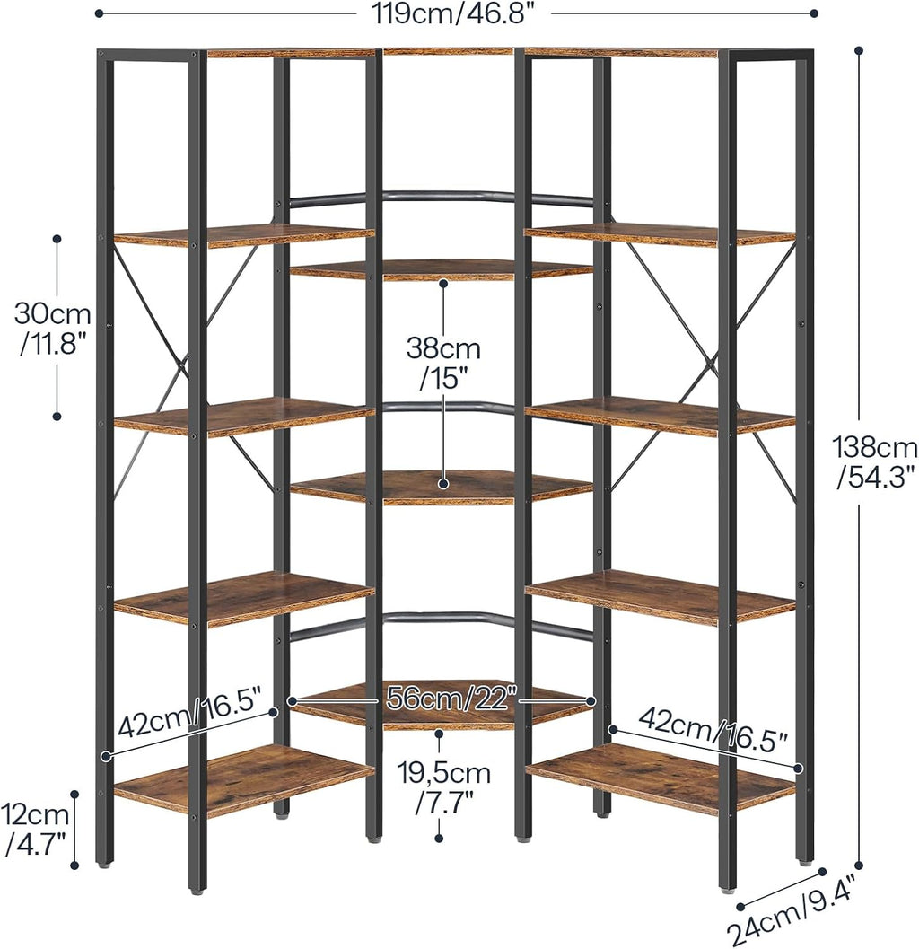 HOOBRO Industrial Corner Bookshelf, 5-Tier L-Shaped Bookcase, Open Display Storage Rack, Floor Standing Storage Shelf, for Living Room, Bedroom, Home Office, Rustic Brown and Black BF68SJ01