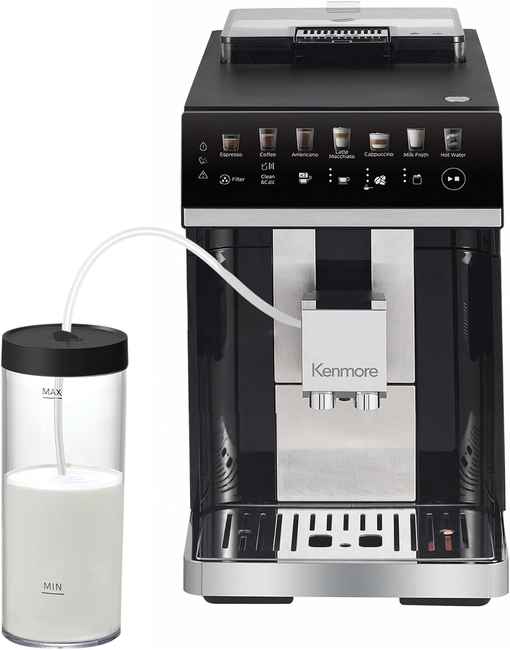 Kenmore Fully Automatic Espresso Machine – Programmable Coffee Machine With Integrated Bean Grinder, Milk Steamer, Frother, Descaler, Barista Cappuccino, Latte, Americano Brewing System, Black