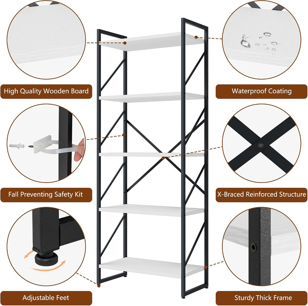 Shintenchi 2-Tier Bookshelf: Tall Industrial Bookcase for Living Room/Home/Office, Modern Book Holder with Storage Rack Shelves - White