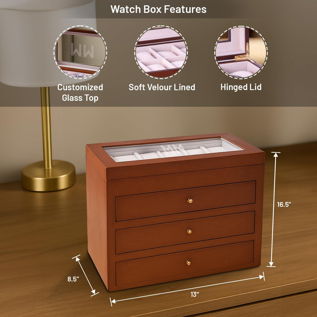 Bey-Berk Personalized Cherry Wood 48-Slot Watch Box (Brown), Custom Glass-Top Solid Wood Watch Organizer with Drawers & Velour-Lined Cushions