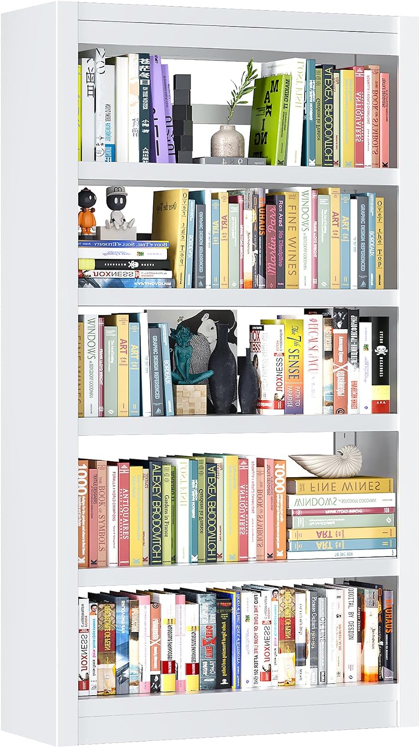 5 Tier White Bookshelf, 61' H Adjustable Bookshelf with Large Capacity, Suitable for Modern Storage Shelves in Living Rooms, Homes Offices, Garage, Sturdy Metal Bookshelf for Organizing