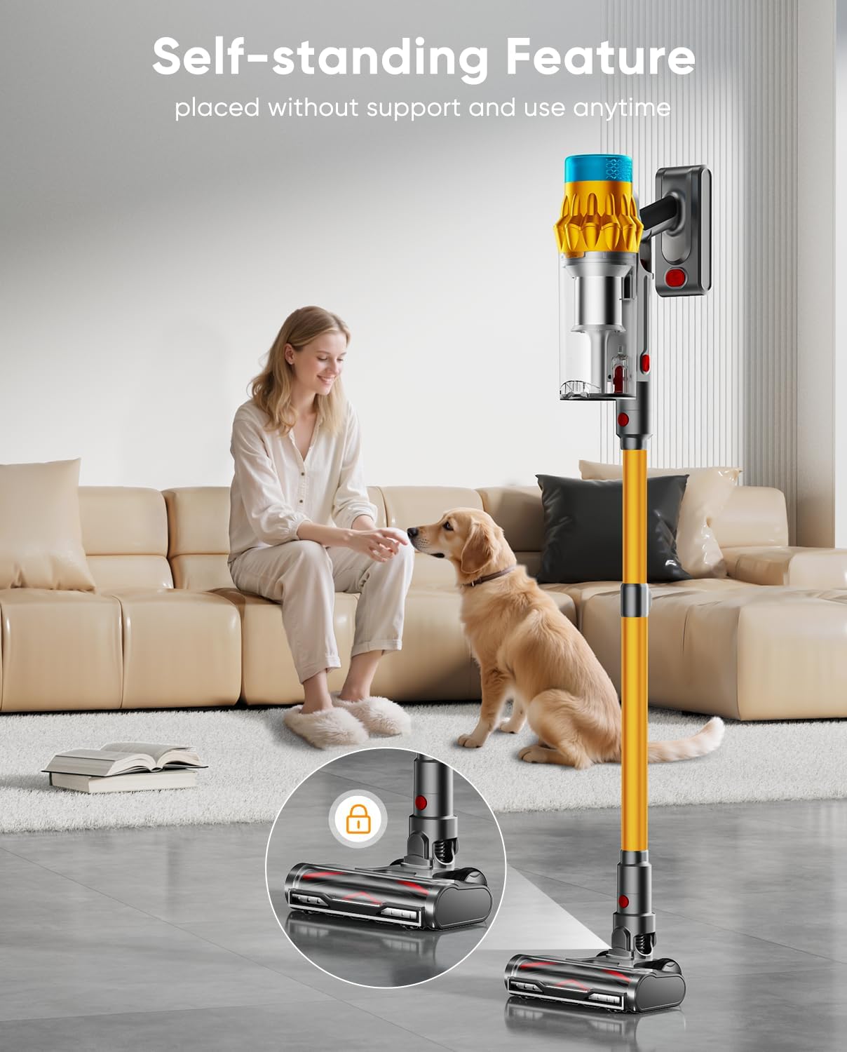 Cordless Vacuum Cleaner, 650W/55KPA, Max 70 Mins Runtime, Self-Standing Vacuum Cleaners for Home, Anti-Tangle Stick Vacuum, Smart Display Vacuum Cordless with 1.8L Cup for Pet Hair/Carpet (Gold)