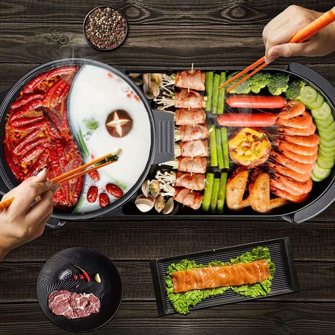 Electric Grill Indoor Hot Pot, Multifunctional Teppanyaki Grill/Hot Pot with Divider Separate Dual Temperature Contral, Capacity for 3-5 People Family Gatherings