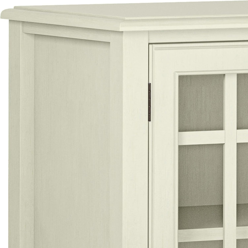 SIMPLIHOME Connaught Storage Cabinet - 46 inch Wide Solid Wood Low Storage Cabinet in Antique White, Traditional Console for Living Room, Entryway, or Dining Room with Glass Doors and Shelves