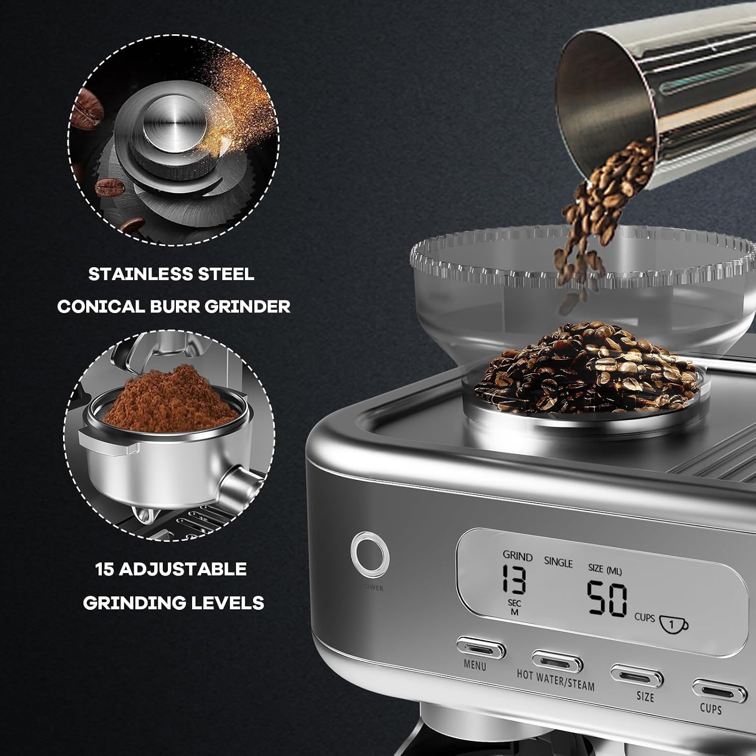 CABIHOME Semi Automatic Espresso Machine, Latte Machine for Home, Espresso Maker with Grinder, LCD Display & Steamer, 250g Bean Container, for Cappuccino, Latte, PID Temp Control