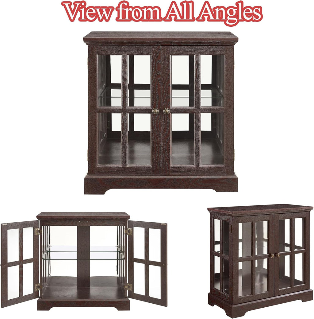 30' Glass Curio Display Storage Cabinet with LED Light, Modern 2 Lattice Doors Tableware Display Sideboard w/Adjustable Shelves, Retro Design Quality Showcase Bookcase for Home (Cherry)