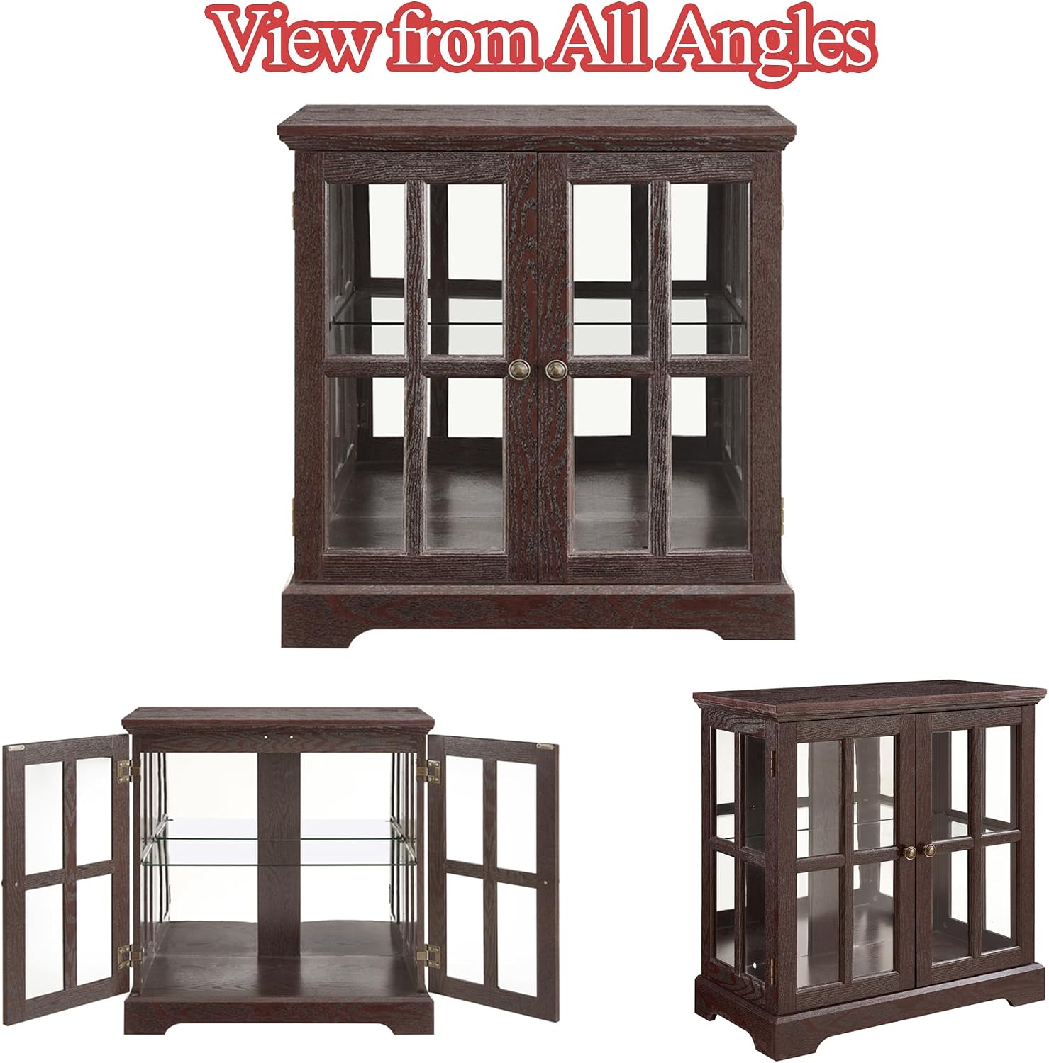 30' Glass Curio Display Storage Cabinet with LED Light, Modern 2 Lattice Doors Tableware Display Sideboard w/Adjustable Shelves, Retro Design Quality Showcase Bookcase for Home (Cherry)