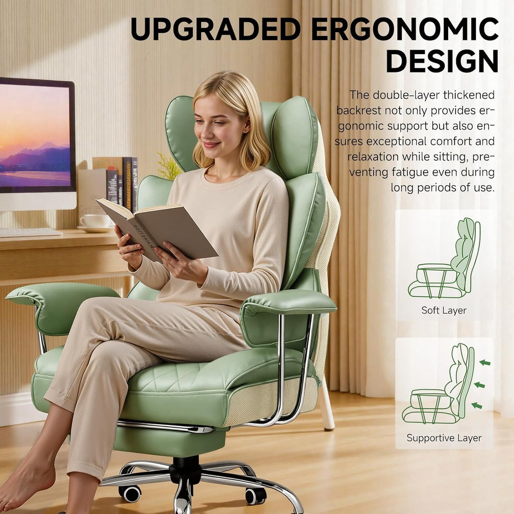 COMHOMA Big and Tall Office Chair, High Back Leather Gaming Chair with Footrest, Executive Ergonomic Office Chairs with Pocket Spring Lumbar Support and with Outward Fixed Soft Armrests