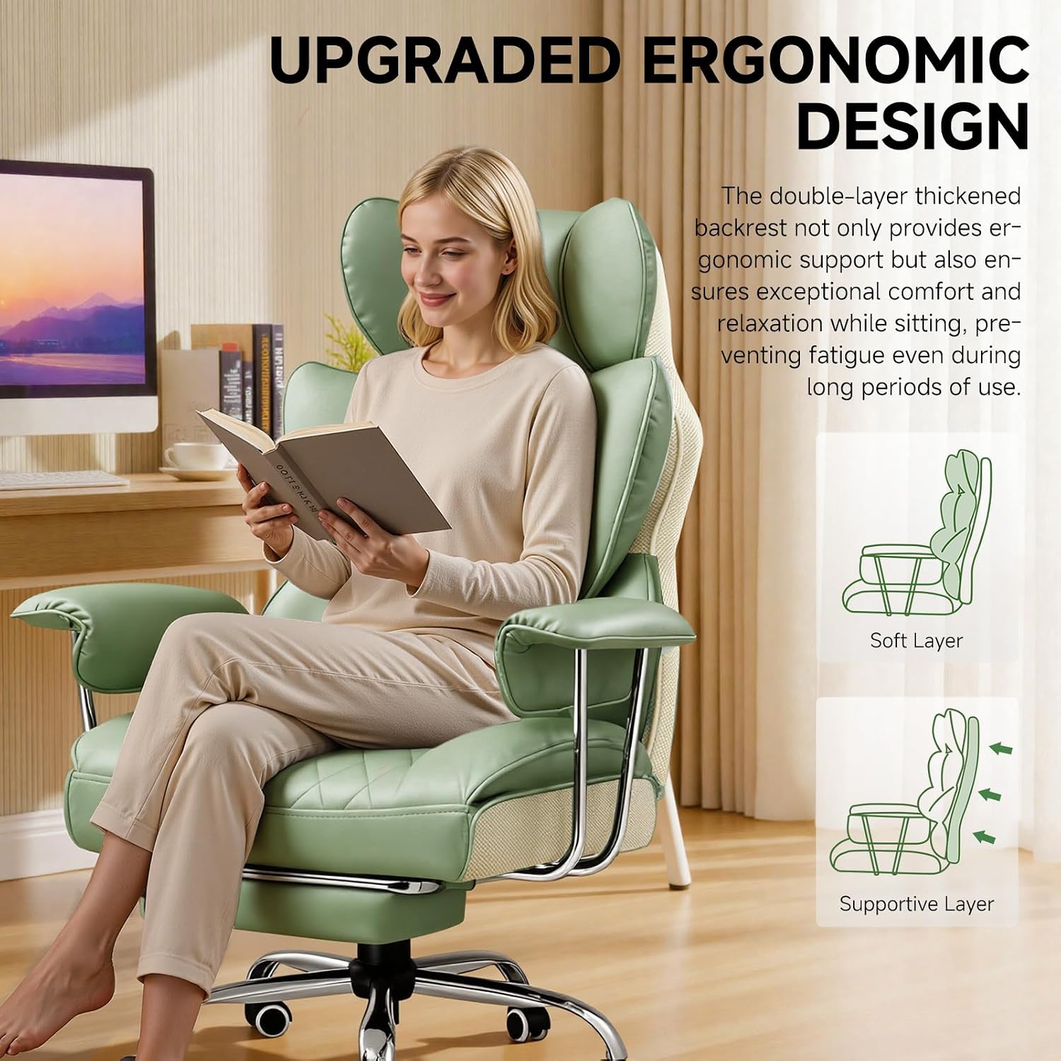 COMHOMA Big and Tall Office Chair, High Back Leather Gaming Chair with Footrest, Executive Ergonomic Office Chairs with Pocket Spring Lumbar Support and with Outward Fixed Soft Armrests