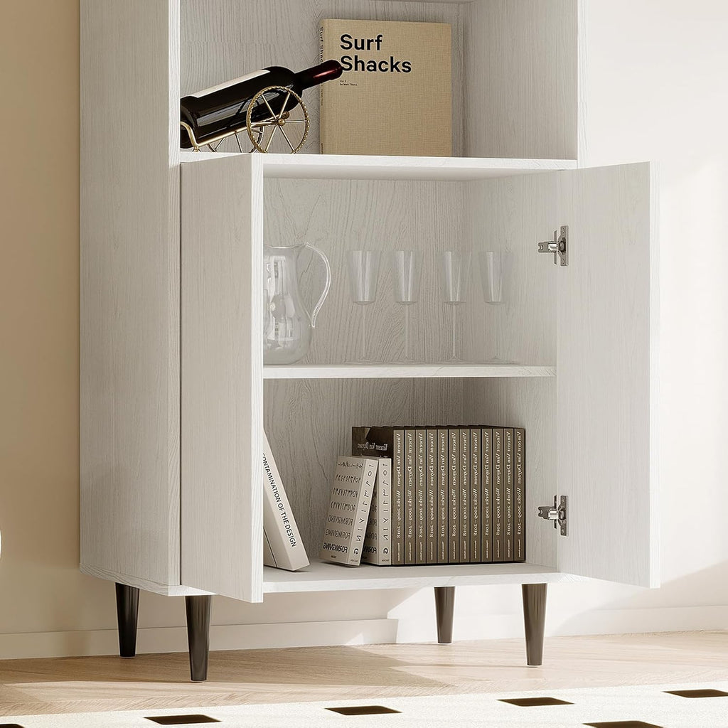 TUSY 70.9' H Bookshelf with Glass Doors, 5-Tier Display Curio Cabinet with Drawers, Narrow Display Bookcase for Home, Office, Clinic, Pantry (White, A)