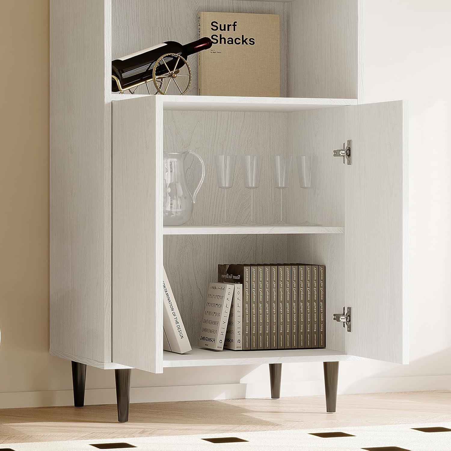 TUSY 70.9' H Bookshelf with Glass Doors, 5-Tier Display Curio Cabinet with Drawers, Narrow Display Bookcase for Home, Office, Clinic, Pantry (White, A)