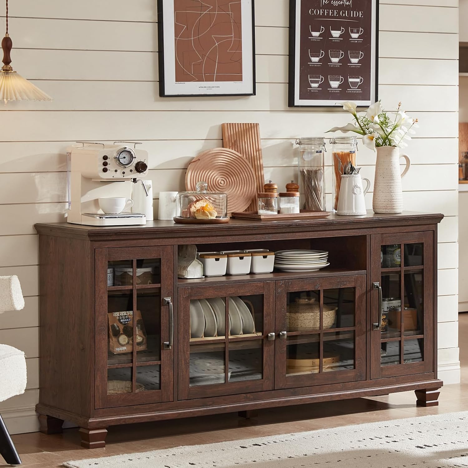 SAVOR LIFE Large Sideboard Buffet Cabinet with Storage, Vintage Walnut Farmhouse 60' Wide Credenza Accent Cabinets with Glass Doors & Wood Legs, Kitchen Coffee Bar Table for Dining Room, Living Room