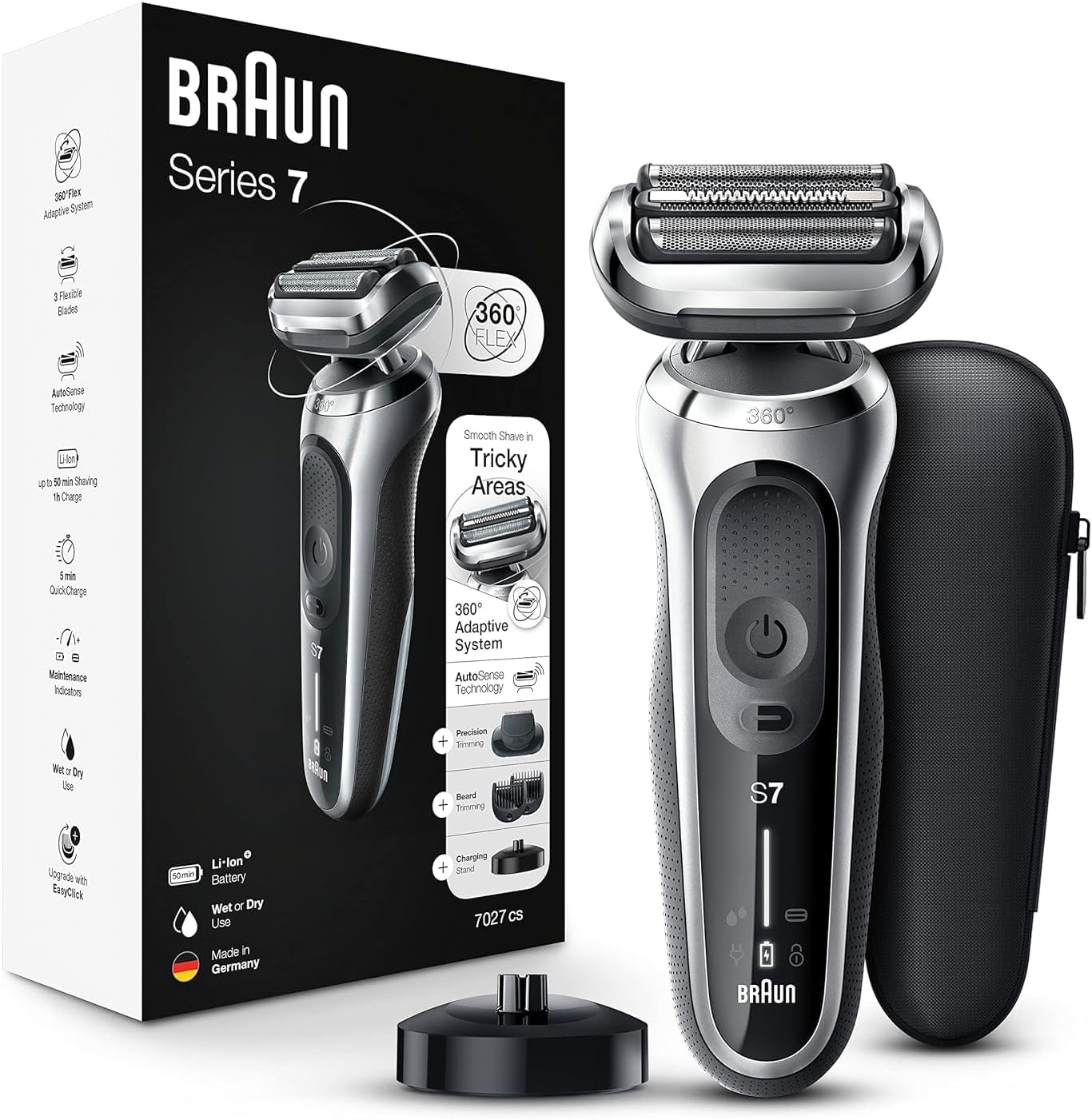 Braun Electric Razor for Men, Waterproof Foil Shaver, Series 7 7027cs, Wet & Dry Shave, with Beard Trimmer, Rechargeable, Charging Stand and Travel Case Included, Silver Black