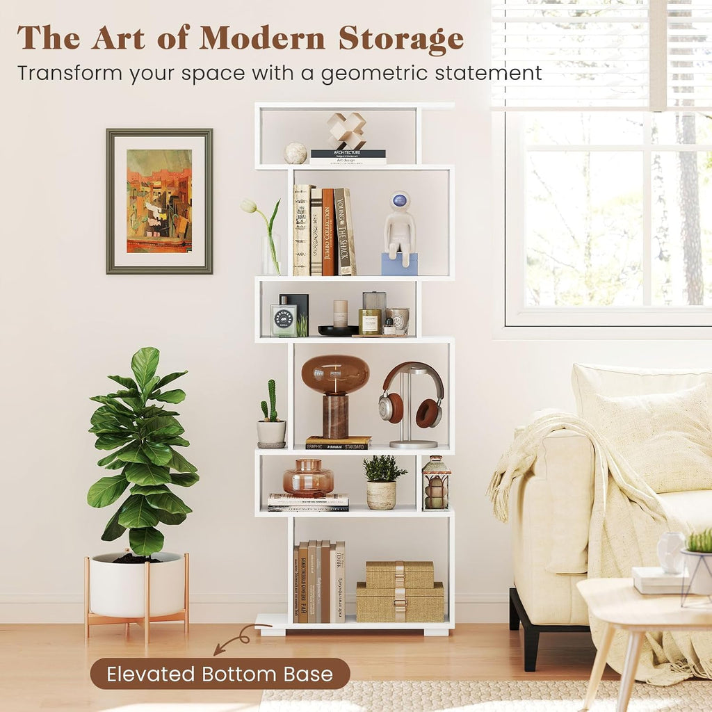 Giantex 6-Tier Geometric Bookshelves Set of 2, S-Shaped Bookcase with 2 Anti-Tipping Kits, Wooden Display Shelf, Decorative Storage Shelving Unit, Home Storage Organizer for Office Living Room, White