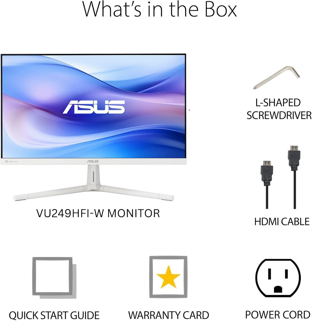 ASUS 24' (23.8 inch viewable) 1080P Eye Care Monitor (VU249HFI-W) - Full HD, IPS, 100Hz, SmoothMotion, Adaptive Sync, Nano-ion, Eye Care Plus, VESA Wall Mountable, 3 yr Warranty