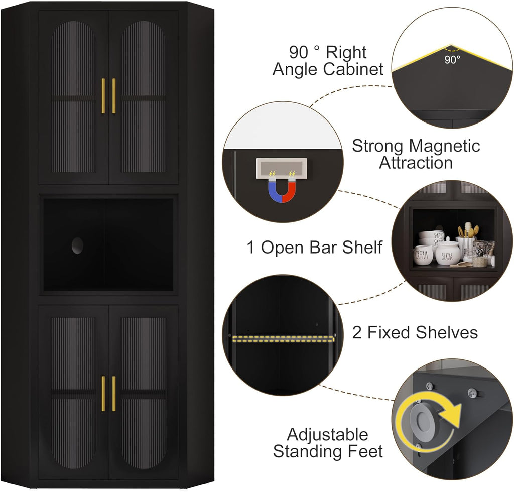 GAIOUS 63.6' Tall Corner Cabinet, Metal Pantry Storage Cabinet with 4 Acrylic Glass Doors & 1 Open Bar Shelf, Farmhouse Corner Cupboard for Kitchen Bathroom Living Room Bedroom Hallways (Black)